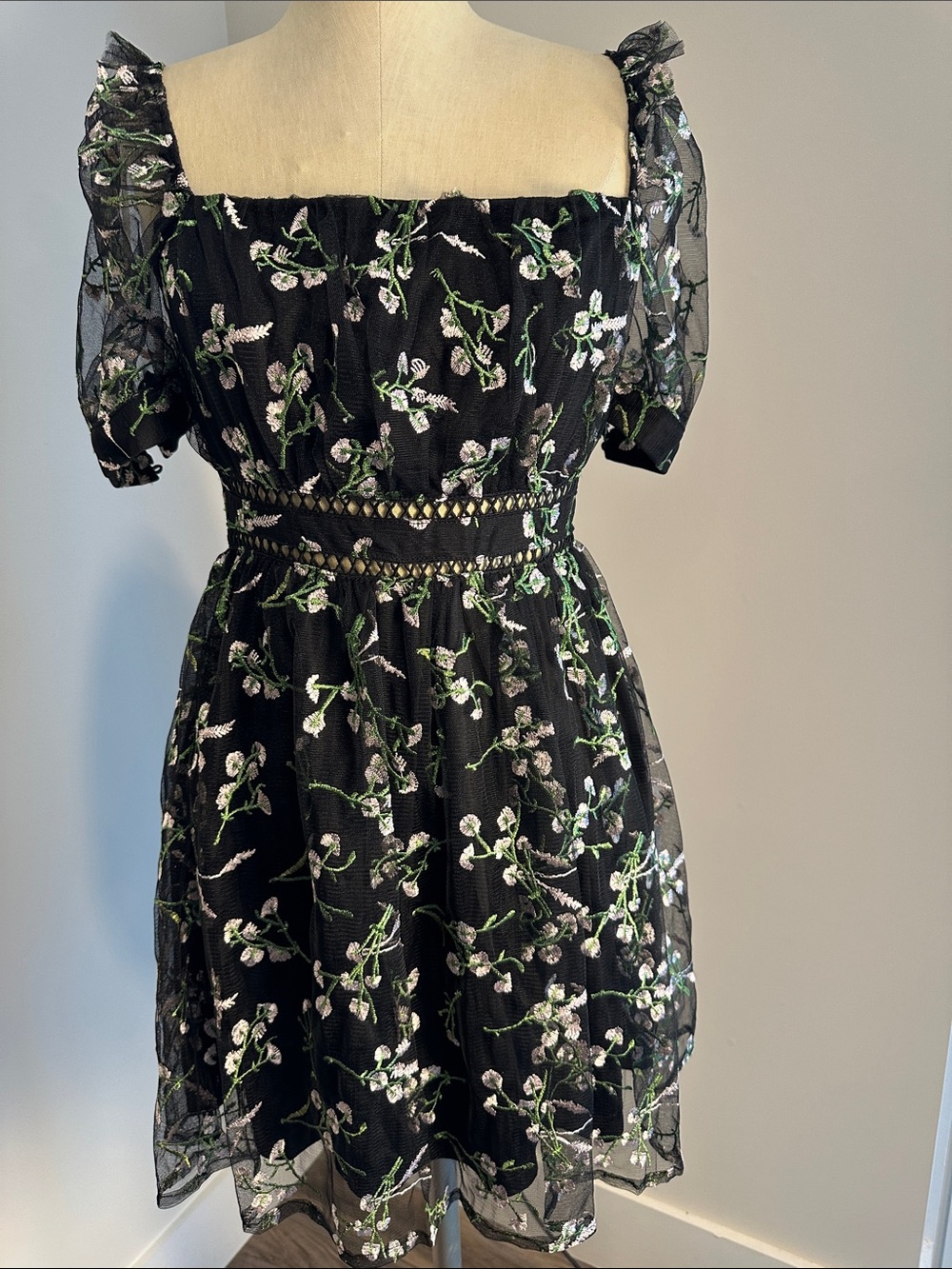 LULUS Radiant Love Floral Embroidered Skater Babydoll Mini Dress Black SMALL NWT